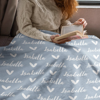 Dusty Blue Gepersonaliseerde Naam Deken met Harten