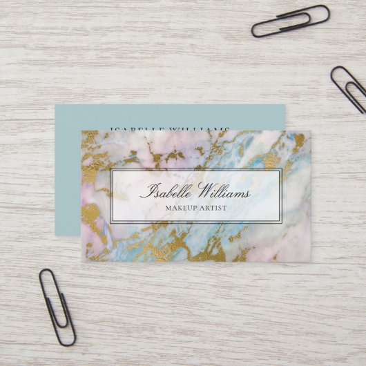 Dusty Blue Gilded Gold Rainbow Marble Agate Visitekaartje (Voorkant / Achterkant in situ)