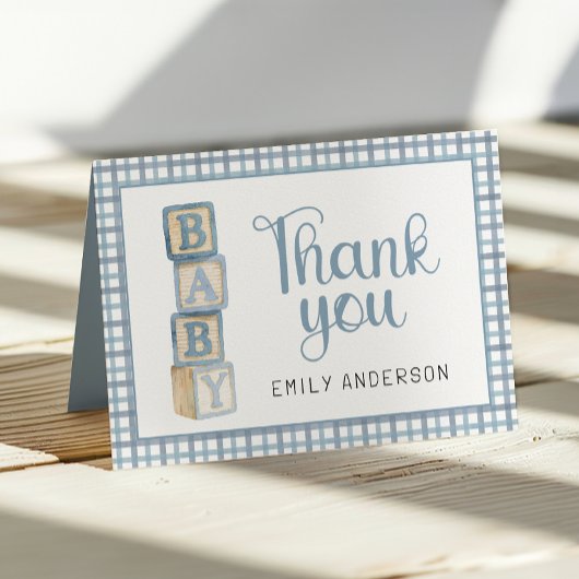 Dusty Blue Gingham Baby Thank You Card | Blocks Bedankkaart