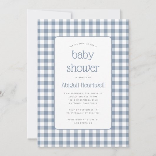 Dusty Blue Gingham Check Baby shower Kaart (Voorkant)