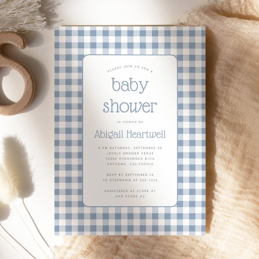 Dusty Blue Gingham Check Baby shower Kaart
