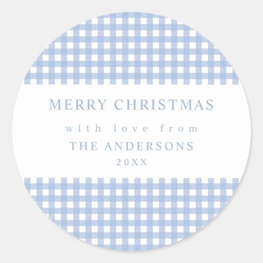 Dusty Blue Gingham Christmas Ronde Sticker (Voorkant)
