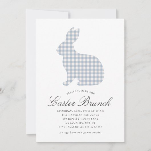 Dusty Blue Gingham Rabbit Easter Brunch Kaart (Voorkant)
