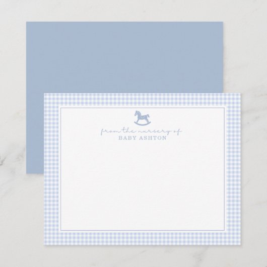 Dusty Blue Gingham Rocking Horse Boy kinderkamer k Aankondiging (Voorkant / Achterkant)