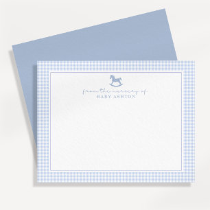 Dusty Blue Gingham Rocking Horse Boy kinderkamer k Aankondiging