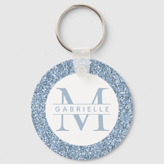 Dusty Blue Glitter Custom Name Monogram Sleutelhan Sleutelhanger (Voorkant)