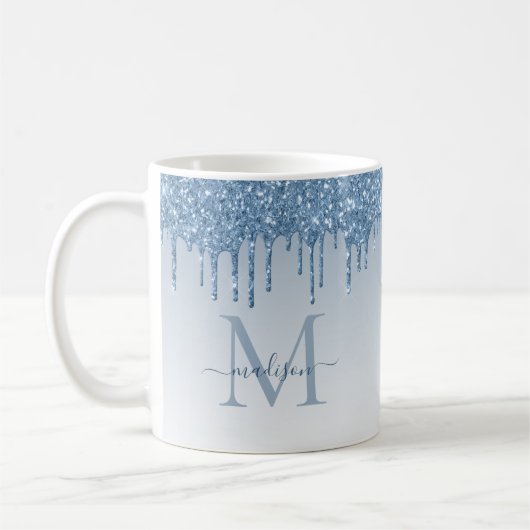 Dusty Blue Glitter Drift Sparkle Monogram Script Koffiemok (Links)