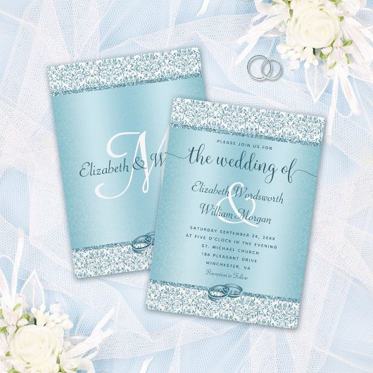Dusty Blue Glitter Monogram Weddenschap Kaart
