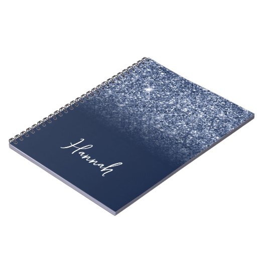 Dusty Blue Glitter Navy Ombre Script Name Notitieboek (Linkerzijde)