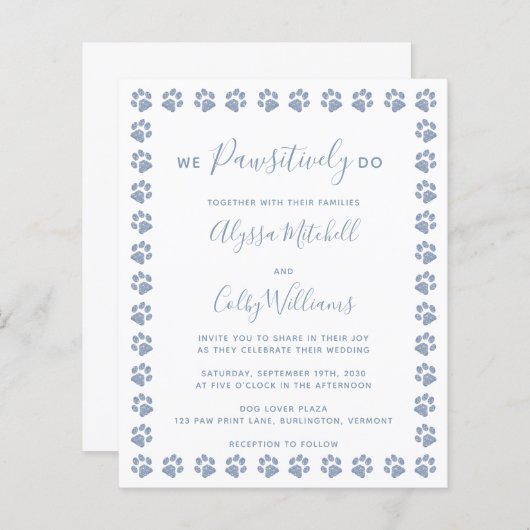 Dusty Blue Glitter Paw Prints Budget Weddenschap (Voorkant / Achterkant)