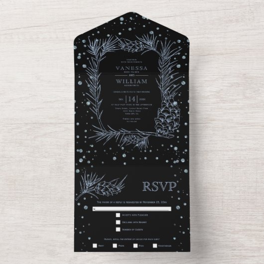 Dusty blue glitter pine, confetti zwarte bruiloft all in one uitnodiging (Binnen)
