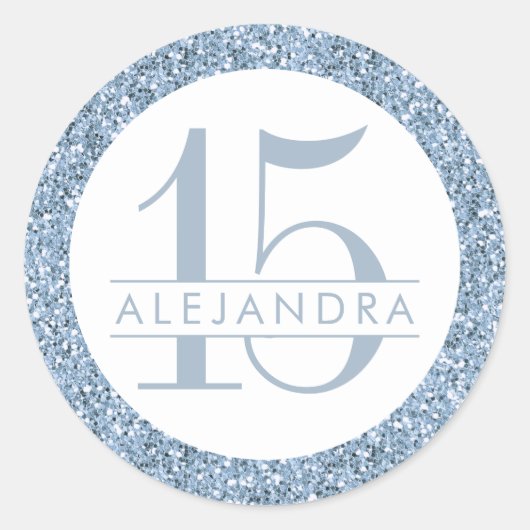 Dusty Blue Glitter Quince Años Favor Sticker Label (Voorkant)