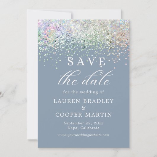Dusty Blue Glitter Wedding Save the Date (Voorkant)