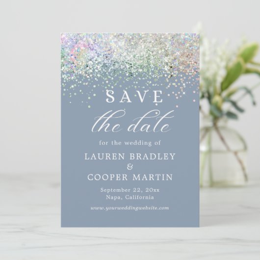 Dusty Blue Glitter Wedding Save the Date (Staand voorkant)