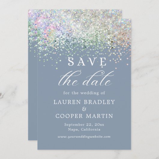 Dusty Blue Glitter Wedding Save the Date (Voorkant / Achterkant)