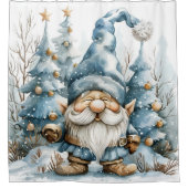 Dusty Blue Gnome en kerstbomen Douchegordijn (Voorkant)
