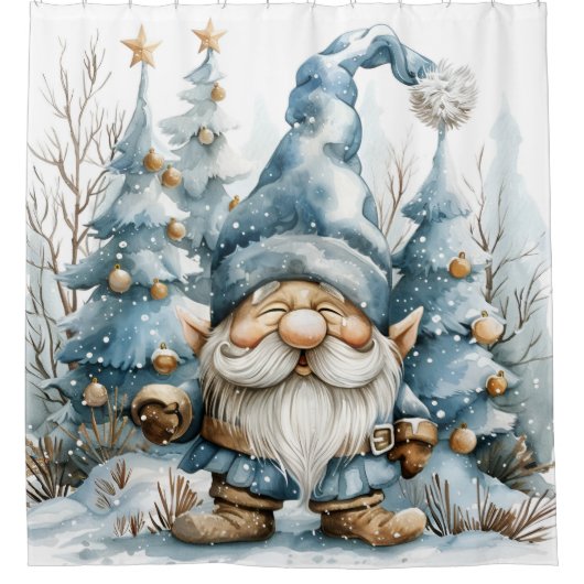 Dusty Blue Gnome en kerstbomen Douchegordijn (Voorkant)