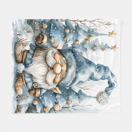 Dusty Blue Gnome en kerstbomen Fleece Deken (Voorkant (Horizontaal))