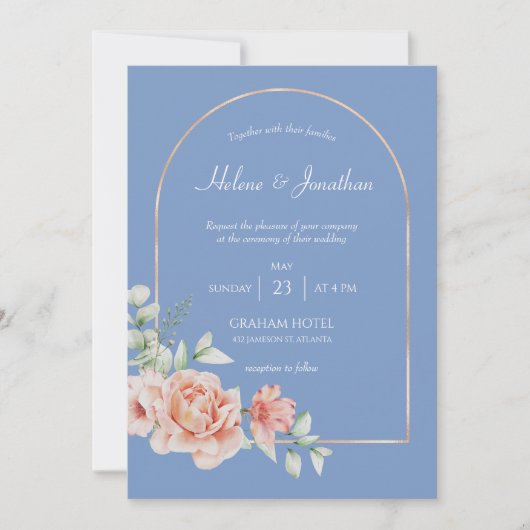 Dusty Blue Gold Arch Boho Wedding Invitation Kaart (Voorkant)