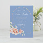 Dusty Blue Gold Arch Boho Wedding Invitation Kaart (Staand voorkant)