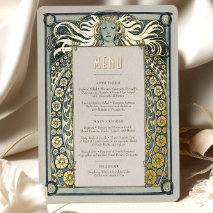 Dusty Blue Gold Art Nouveau Menu Alphonse Mucha Folie Uitnodiging