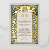 Dusty Blue Gold Art Nouveau Menu Alphonse Mucha Folie Uitnodiging (Voorkant)