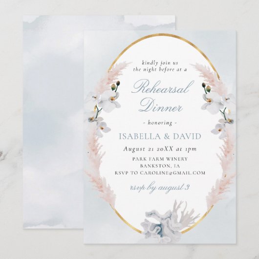 Dusty Blue & Gold Beach Coral repesal Dinner Kaart (Voorkant / Achterkant)