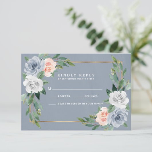 Dusty Blue Gold Blush Perzik Bruiloft RSVP Kaarten (Staand voorkant)