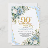Dusty blue gold botanicals frame 90th birthday kaart (Voorkant)