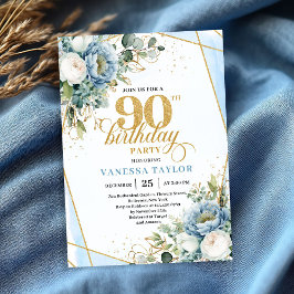 Dusty blue gold botanicals frame 90th birthday  kaart
