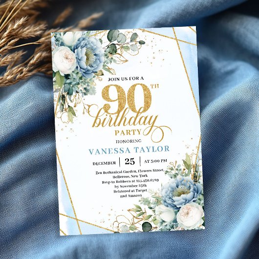 Dusty blue gold botanicals frame 90th birthday kaart