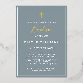 Dusty Blue & Gold Boy Baptisme Folie Uitnodiging