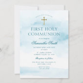 Dusty Blue Gold Cross Eerste Heilige Communie Kaart (Voorkant)