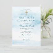 Dusty Blue Gold Cross Eerste Heilige Communie Kaart (Staand voorkant)