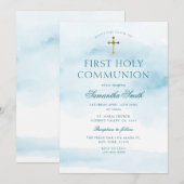 Dusty Blue Gold Cross Eerste Heilige Communie Kaart (Voorkant / Achterkant)