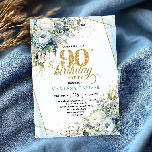 Dusty blue gold elegant florals 90th birthday card kaart