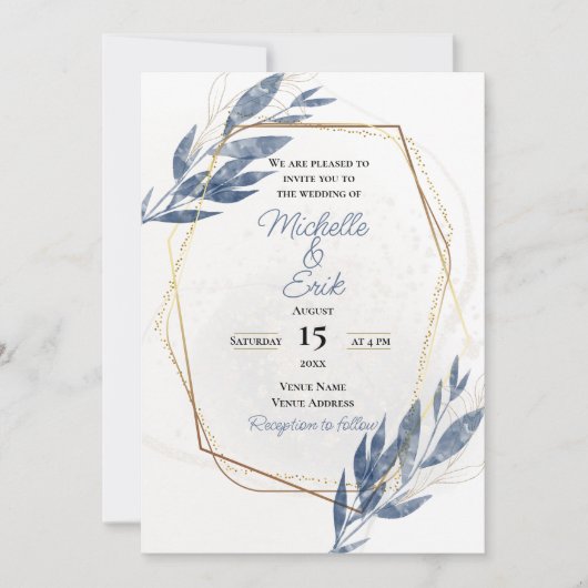 Dusty Blue Gold Elegant Modern Luxury Wedding Inv Kaart (Voorkant)