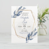 Dusty Blue Gold Elegant Modern Luxury Wedding Inv Kaart (Staand voorkant)