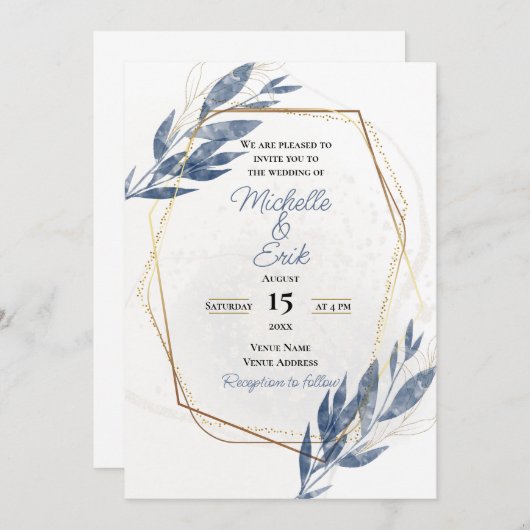 Dusty Blue Gold Elegant Modern Luxury Wedding Inv Kaart (Voorkant / Achterkant)