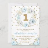Dusty Blue Gold Floral 1st Birthday Wild One Party Kaart (Voorkant)