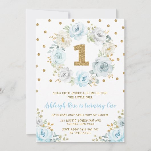 Dusty Blue Gold Floral 1st Birthday Wild One Party Kaart (Voorkant)