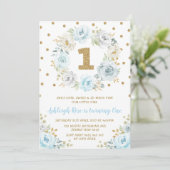 Dusty Blue Gold Floral 1st Birthday Wild One Party Kaart (Staand voorkant)