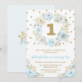 Dusty Blue Gold Floral 1st Birthday Wild One Party Kaart (Voorkant / Achterkant)