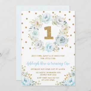 Dusty Blue Gold Floral 1st Birthday Wild One Party Kaart