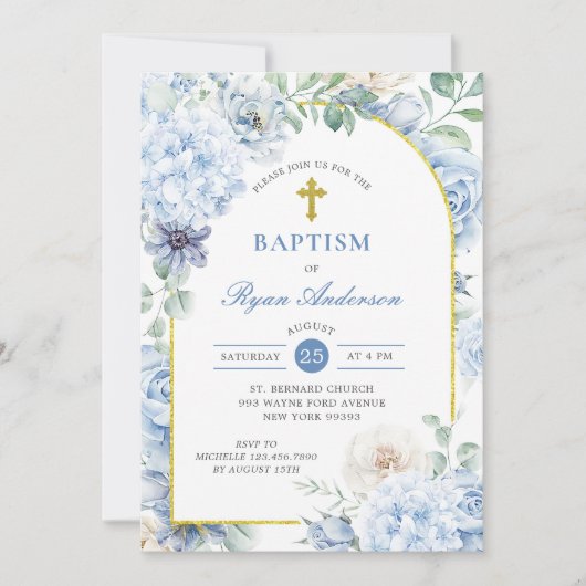 Dusty Blue Gold Floral Baptism Kaart (Voorkant)