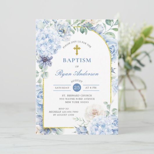 Dusty Blue Gold Floral Baptism Kaart (Staand voorkant)