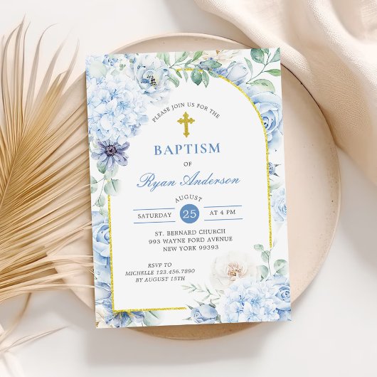 Dusty Blue Gold Floral Baptism Kaart