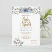 Dusty Blue Gold Floral Boy Baby shower Kaart (Staand voorkant)