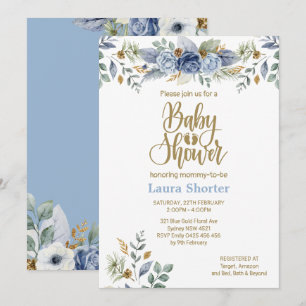 Dusty Blue Gold Floral Boy Baby shower Kaart