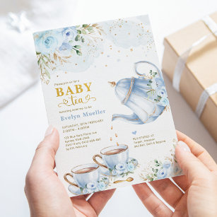 Dusty Blue Gold Floral Boy Baby shower Tea Party Kaart